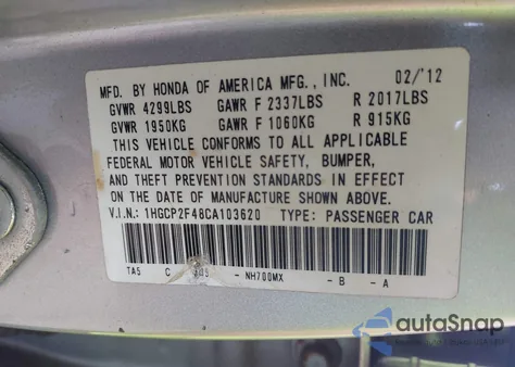 2012 Honda Accord 2.4 Lx-P из США, поврежденный, VIN 1HGCP2F48CA103620